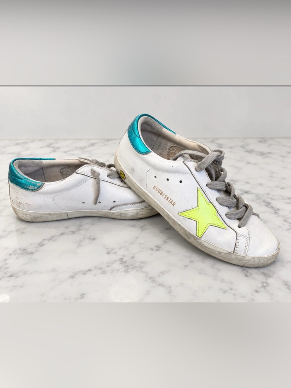 Golden Goose Super-Star White Leather Sneakers Neon Yellow Star Teal Size 35